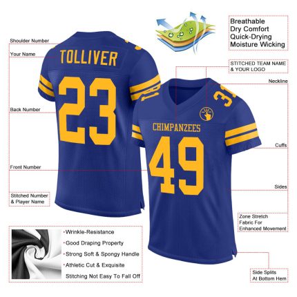 Personalized Royal Gold Mesh Authentic Football Jersey Team Custom Name and Number