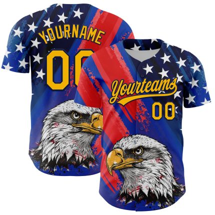Personalized Royal Gold Navy-Red 3D American Flag Eagle And Star Authentic Baseball Jersey Team Custom Name and Number