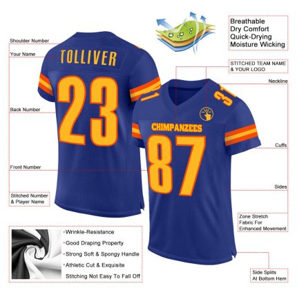 Personalized Royal Gold-Orange Mesh Authentic Football Jersey Team Custom Name and Number