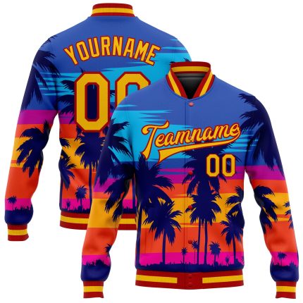 Personalized Royal Gold-Red Hawaii Palm Trees 3D Pattern Design Bomber Full-Snap Varsity Letterman Jacket Team Custom Name and Number