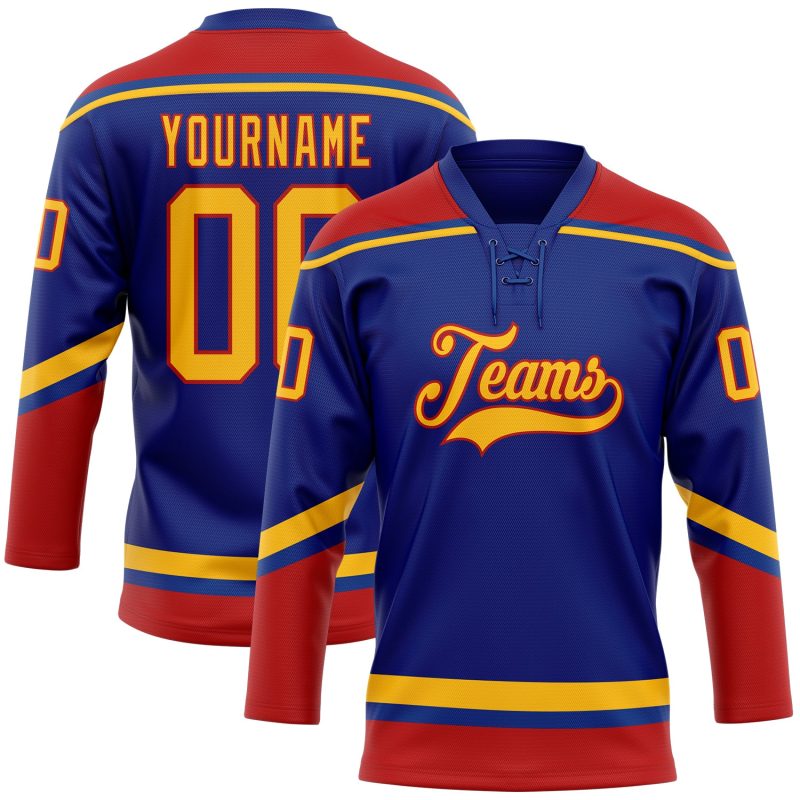Personalized Royal Gold-Red Hockey Lace Neck Jersey Team Custom Name and Number