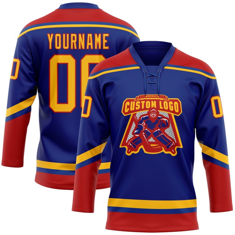 Personalized Royal Gold-Red Hockey Lace Neck Jersey Team Custom Name and Number