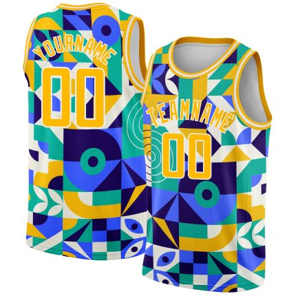 Personalized Royal Gold-White 3D Pattern Design Abstract Geometric Shapes Authentic Basketball Jersey Team Custom Name and Number