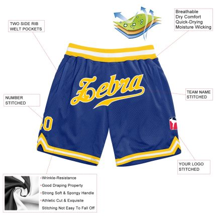 Personalized Royal Gold-White Authentic Throwback Basketball Shorts Team Custom Name and Number