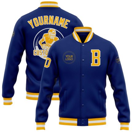 Personalized Royal Gold-White Bomber Full-Snap Varsity Letterman Jacket