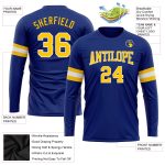Personalized Royal Gold-White Long Sleeve Performance T-Shirt Team Custom Name and Number