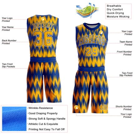 Personalized Royal Gold-White Round Neck Sublimation Basketball Suit Jersey