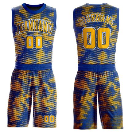 Personalized Royal Gold-White Round Neck Sublimation Basketball Suit Jersey Team Custom Name and Number