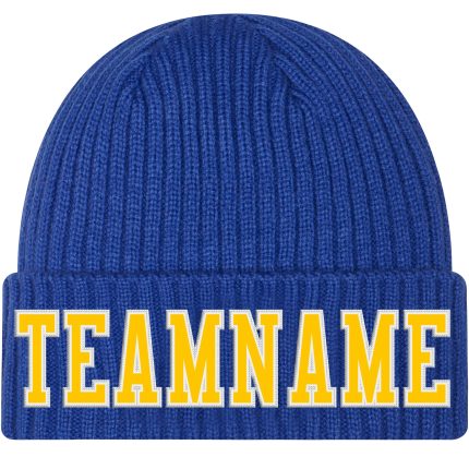 Personalized Royal Gold-White Stitched Cuffed Knit Hat Team Custom Name and Number