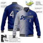 Personalized Royal Gray-Black Bomber Full-Snap Varsity Letterman Gradient Fashion Jacket Team Custom Name and Number