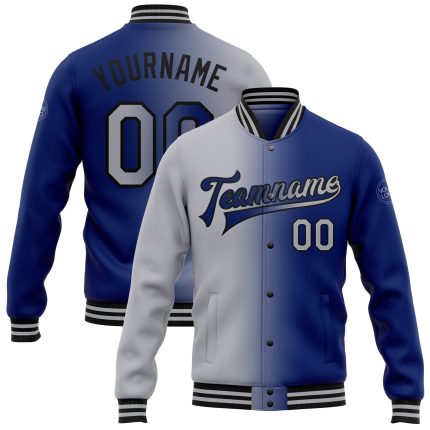 Personalized Royal Gray-Black Bomber Full-Snap Varsity Letterman Gradient Fashion Jacket Team Custom Name and Number