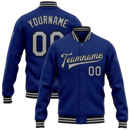 Personalized Royal Gray-Black Bomber Full-Snap Varsity Letterman Jacket Team Custom Name and Number