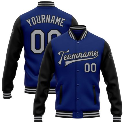 Personalized Royal Gray-Black Bomber Full-Snap Varsity Letterman Two Tone Jacket Team Custom Name and Number