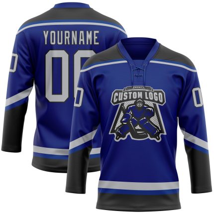 Personalized Royal Gray-Black Hockey Lace Neck Jersey Team Custom Name and Number