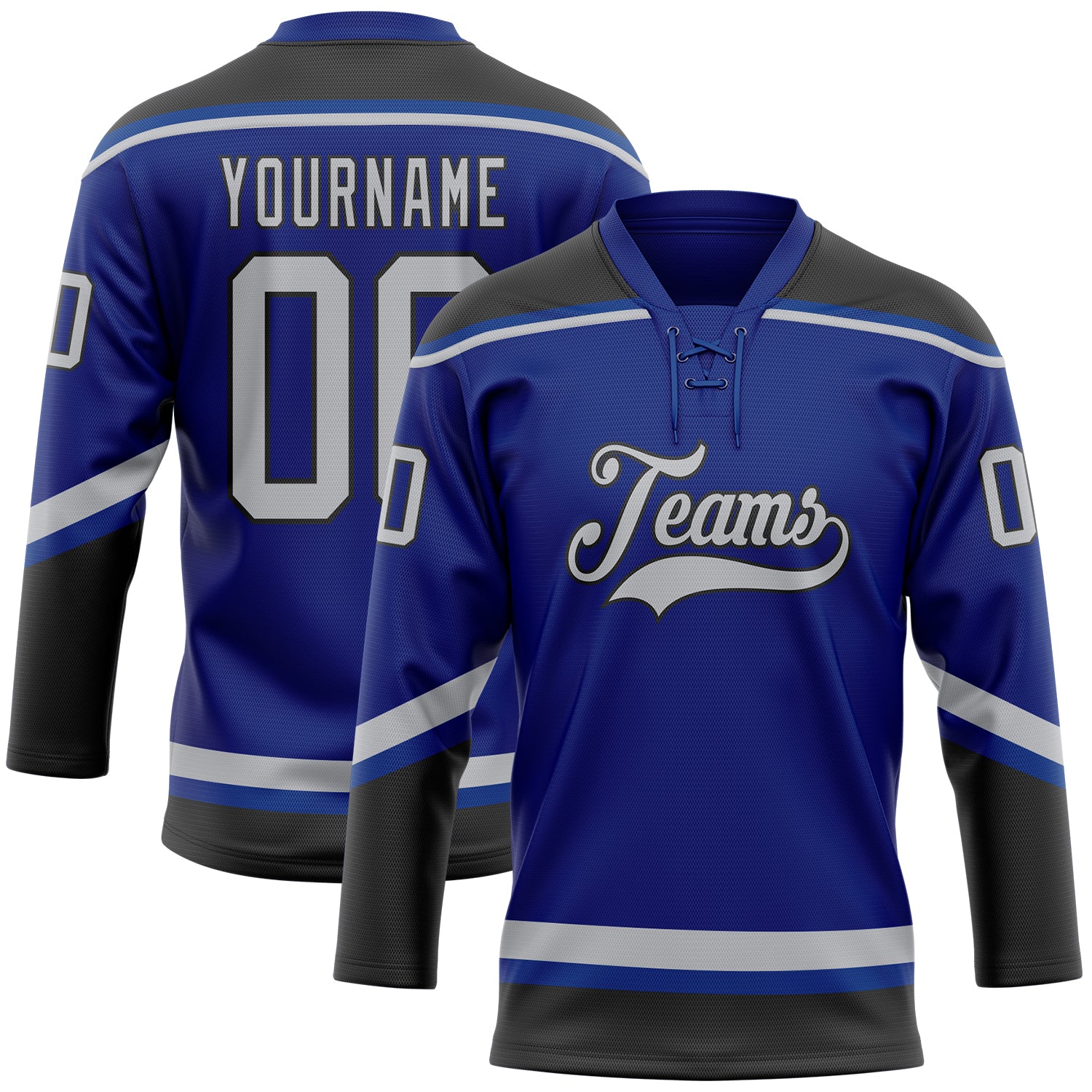 Personalized Royal Gray-Black Hockey Lace Neck Jersey Team Custom Name and Number