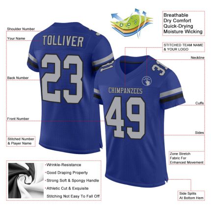 Personalized Royal Gray-Black Mesh Authentic Football Jersey Team Custom Name and Number
