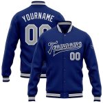Personalized Royal Gray-Navy Bomber Full-Snap Varsity Letterman Jacket