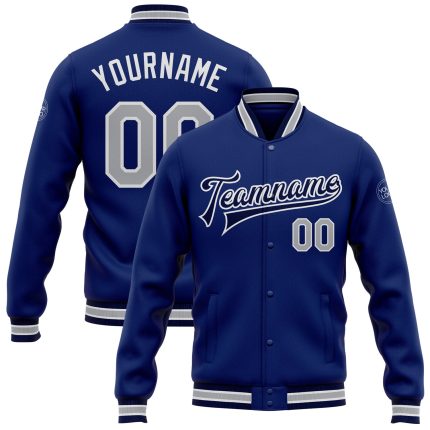 Personalized Royal Gray-Navy Bomber Full-Snap Varsity Letterman Jacket
