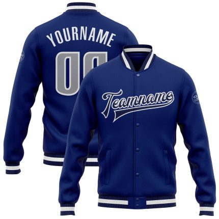 Personalized Royal Gray-Navy Bomber Full-Snap Varsity Letterman Jacket Team Custom Name and Number
