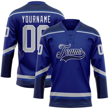 Personalized Royal Gray-Navy Hockey Lace Neck Jersey Team Custom Name and Number