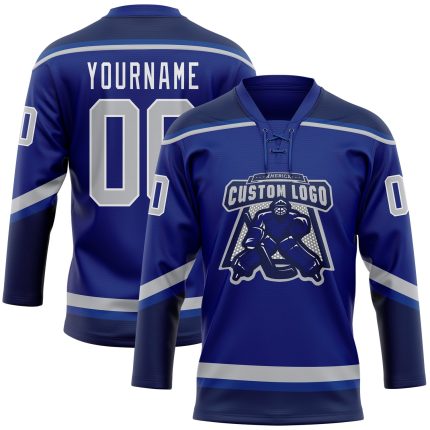 Personalized Royal Gray-Navy Hockey Lace Neck Jersey Team Custom Name and Number