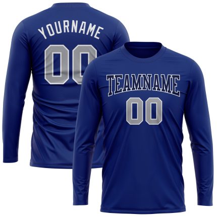 Personalized Royal Gray Navy-White Long Sleeve Performance T-Shirt Team Custom Name and Number