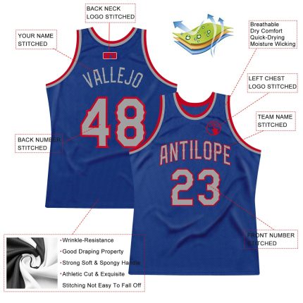 Personalized Royal Gray-Red Authentic Throwback Basketball Jersey Team Custom Name and Number