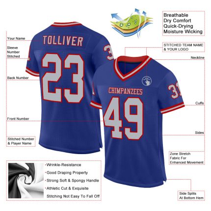 Personalized Royal Gray-Red Mesh Authentic Throwback Football Jersey Team Custom Name and Number