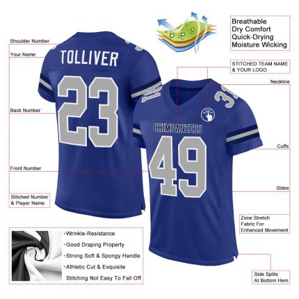 Personalized Royal Gray-White Mesh Authentic Football Jersey Team Custom Name and Number