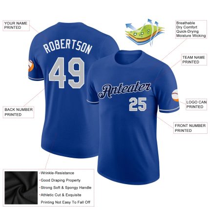 Personalized Royal Gray-White Performance T-Shirt Team Custom Name and Number