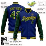 Custom royal, green and gold two-tone varsity letterman jacket, detail of the printed panel