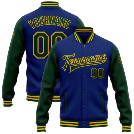 Custom royal, green and gold two-tone varsity letterman jacket