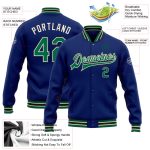 Personalized Royal Kelly Green Cream-Black Bomber Full-Snap Varsity Letterman Jacket Team Custom Name and Number