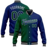 Personalized Royal Kelly Green-Gray Bomber Full-Snap Varsity Letterman Gradient Fashion Jacket Team Custom Name and Number