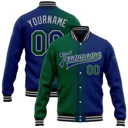 Personalized Royal Kelly Green-Gray Bomber Full-Snap Varsity Letterman Gradient Fashion Jacket Team Custom Name and Number
