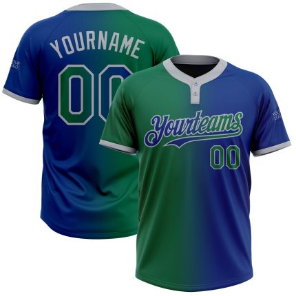 Personalized Royal Kelly Green-Gray Gradient Fashion Two-Button Unisex Softball Jersey Team Custom Name and Number