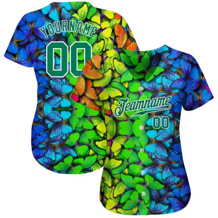 Personalized Royal Kelly Green-White 3D Pattern Design Multicolored Butterflies Authentic Baseball Jersey Team Custom Name and Number