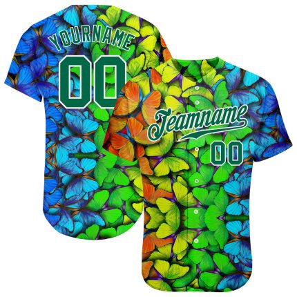 Personalized Royal Kelly Green-White 3D Pattern Design Multicolored Butterflies Authentic Baseball Jersey Team Custom Name and Number