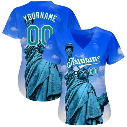 Personalized Royal Kelly Green-White 3D Pattern Design Statue Of Liberty Authentic Baseball Jersey Team Custom Name and Number