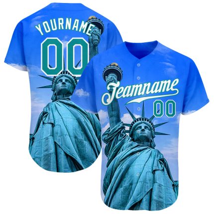 Personalized Royal Kelly Green-White 3D Pattern Design Statue Of Liberty Authentic Baseball Jersey Team Custom Name and Number