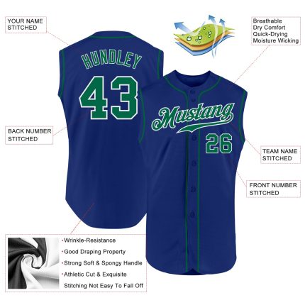 Personalized Royal Kelly Green-White Authentic Sleeveless Baseball Jersey Team Custom Name and Number