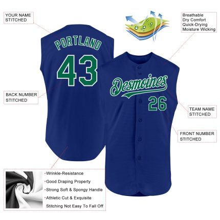 Personalized Royal Kelly Green-White Authentic Sleeveless Baseball Jersey