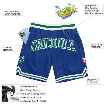 Personalized Royal Kelly Green-White Authentic Throwback Basketball Shorts Team Custom Name and Number