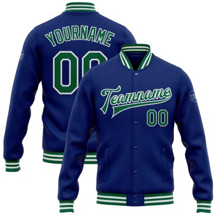 Personalized Royal Kelly Green-White Bomber Full-Snap Varsity Letterman Jacket Team Custom Name and Number