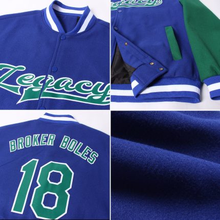 Personalized Royal Kelly Green-White Bomber Full-Snap Varsity Letterman Two Tone Jacket Team Custom Name and Number