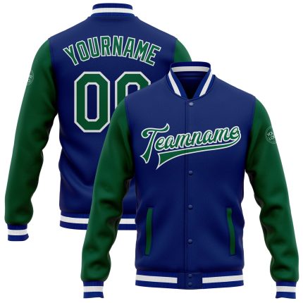 Personalized Royal Kelly Green-White Bomber Full-Snap Varsity Letterman Two Tone Jacket Team Custom Name and Number