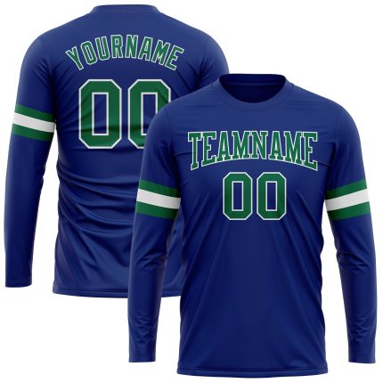 Personalized Royal Kelly Green-White Long Sleeve Performance T-Shirt Team Custom Name and Number