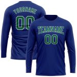 Personalized Royal Kelly Green-White Long Sleeve Performance T-Shirt Team Custom Name and Number