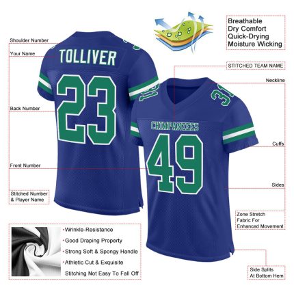 Personalized Royal Kelly Green-White Mesh Authentic Football Jersey Team Custom Name and Number