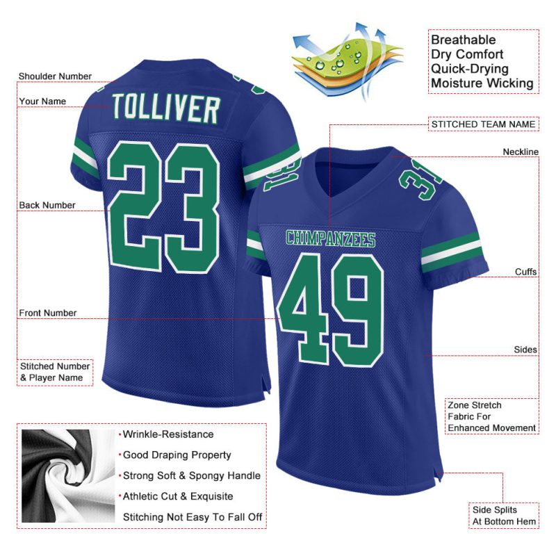 Personalized Royal Kelly Green-White Mesh Authentic Football Jersey Team Custom Name and Number